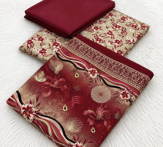 Elegant Maroon 3-Piece Printed Unstitched Suit for Women