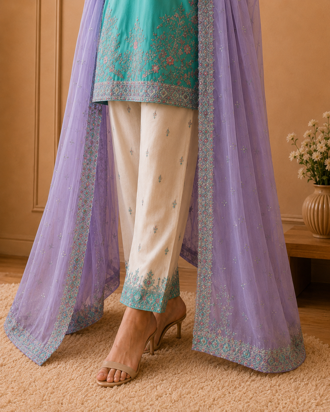 Pastel Lilac & Aqua Embroidered Stitched Formal 3-Piece Suit