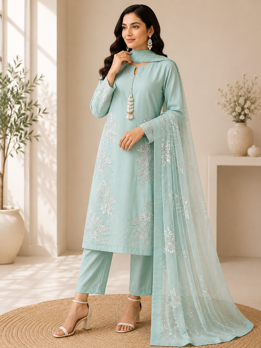 Premium Mint Green Embroidered Suit