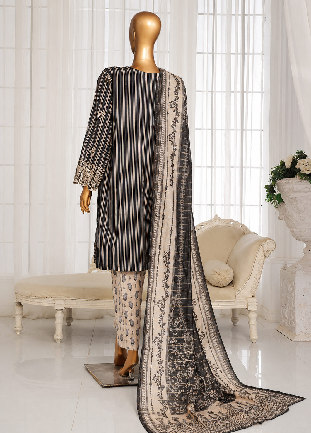 Bin Saeed Elegant Black & Beige Striped stiched 3-Piece Suit with Printed Dupatta