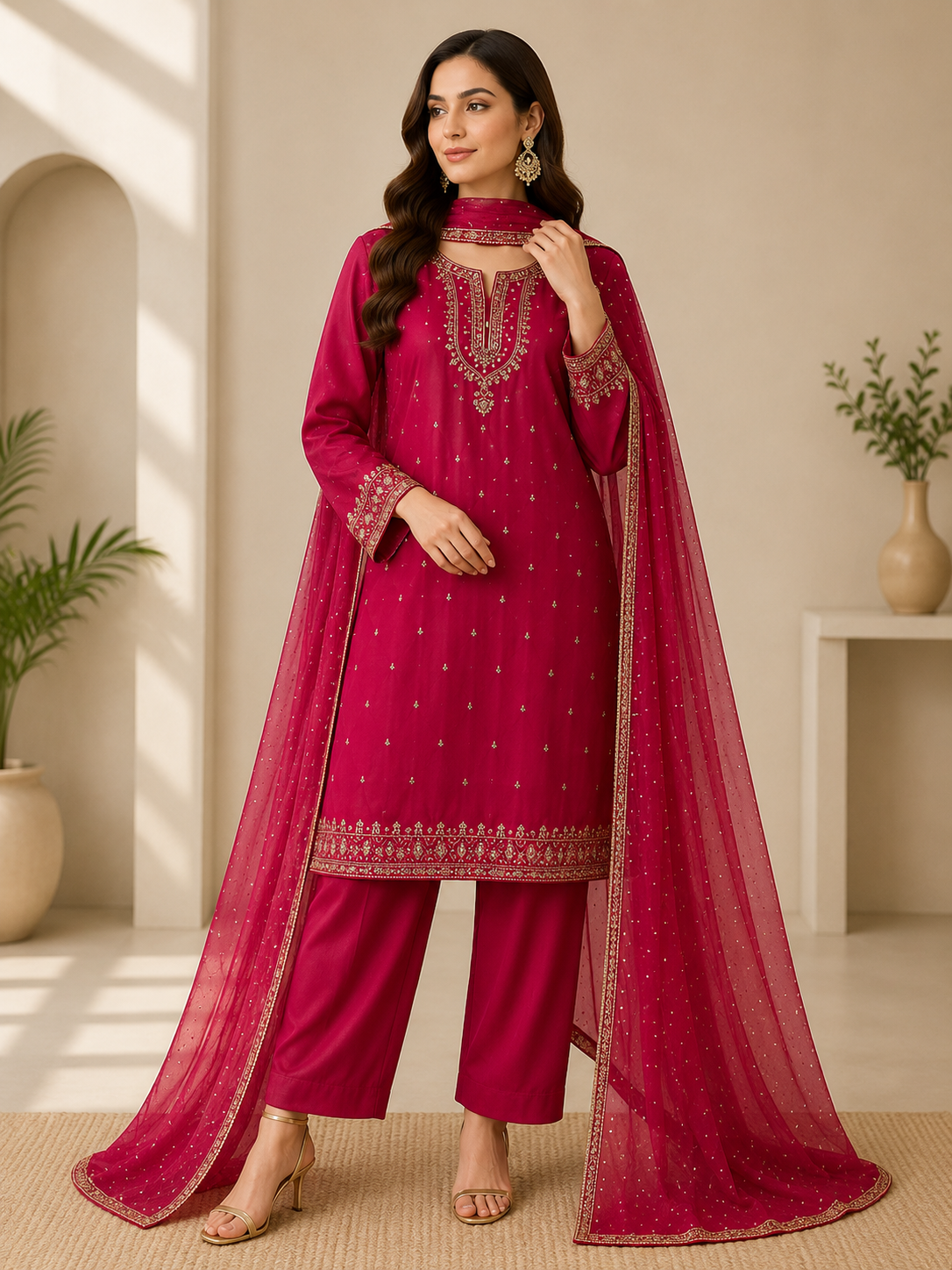 Ruby Pink Embroidered Suit