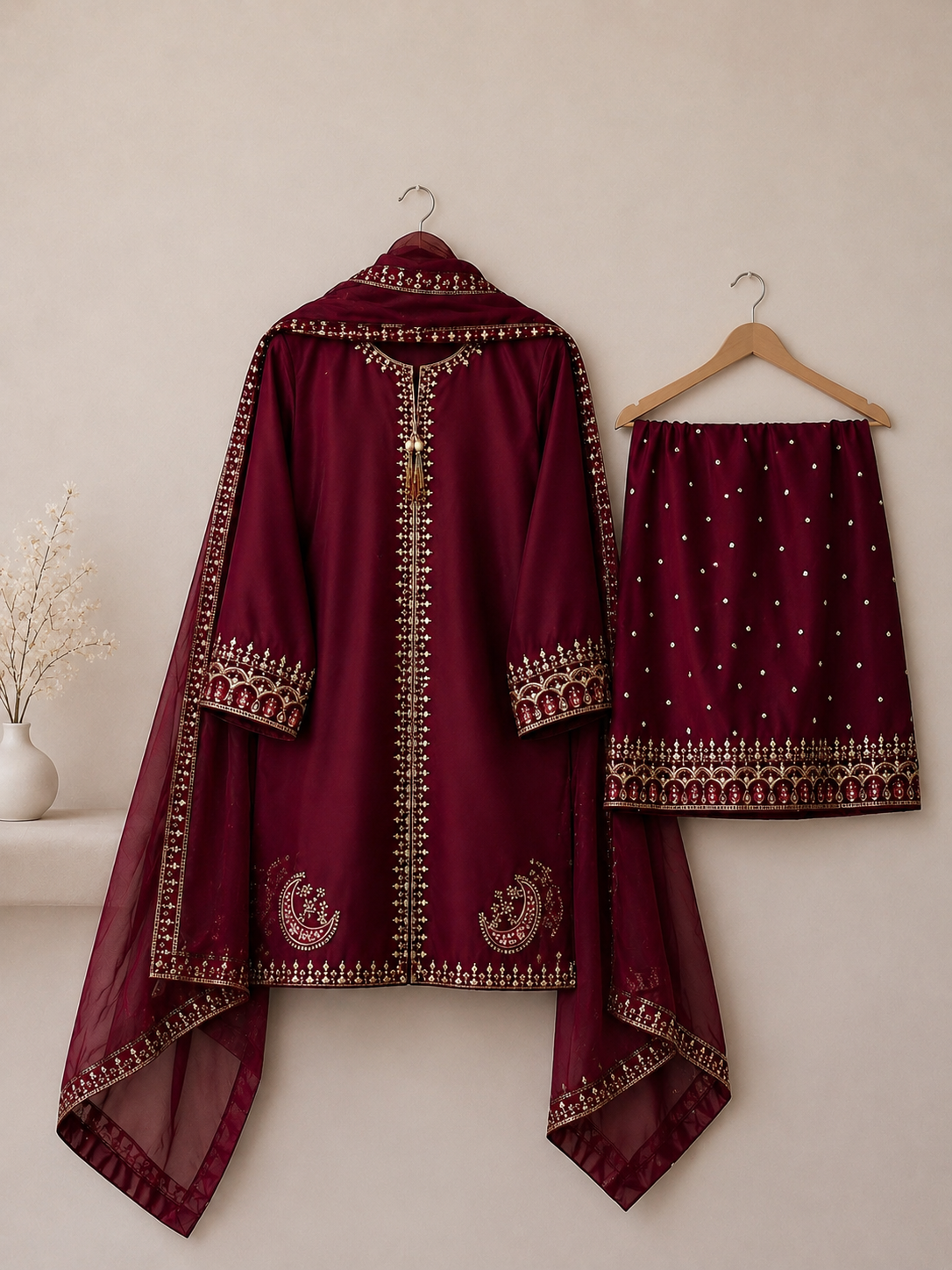 Luxury Maroon Embroidere Suit