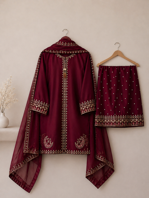 Luxury Maroon Embroidere Suit