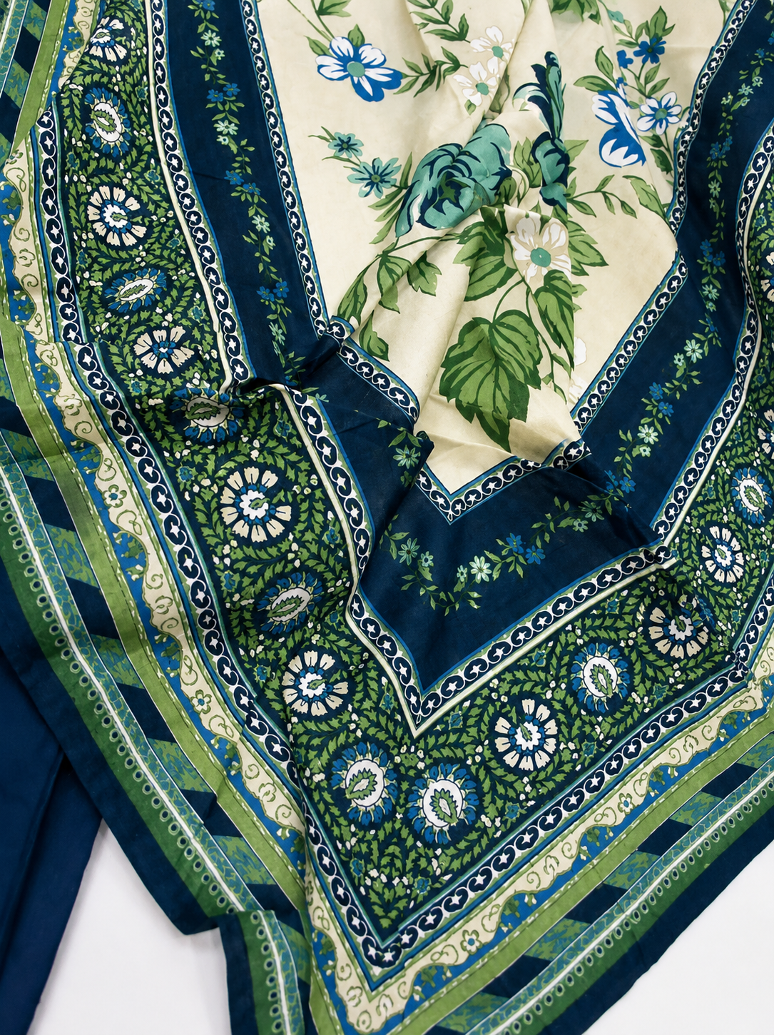 Bin Saeed Navy Blue Floral stiched Printed 3-Piece Suit with Beige Dupatta