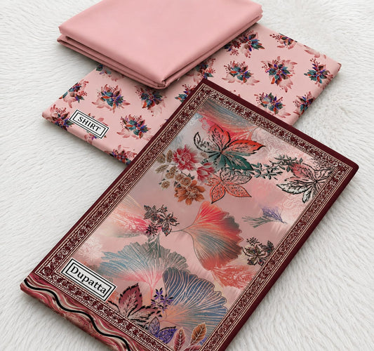 **Blush Pink Floral Doria Lawn 3-Piece Unstitched Suit with Printed Dupatta**