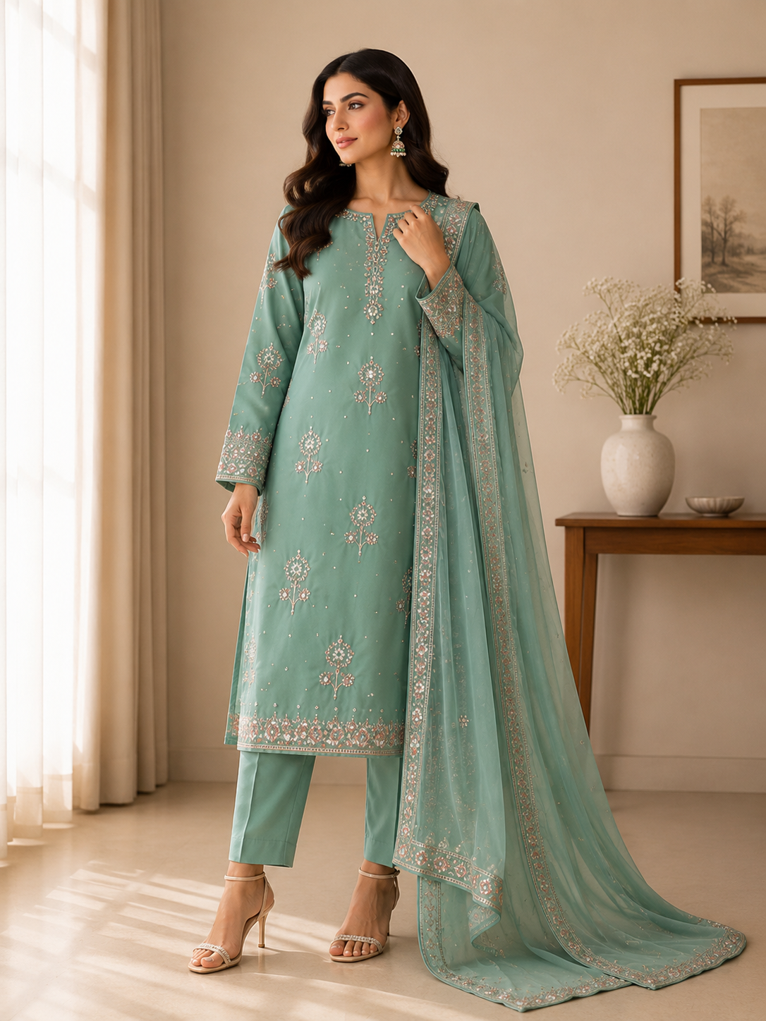 Sea Green Embroidered Suit