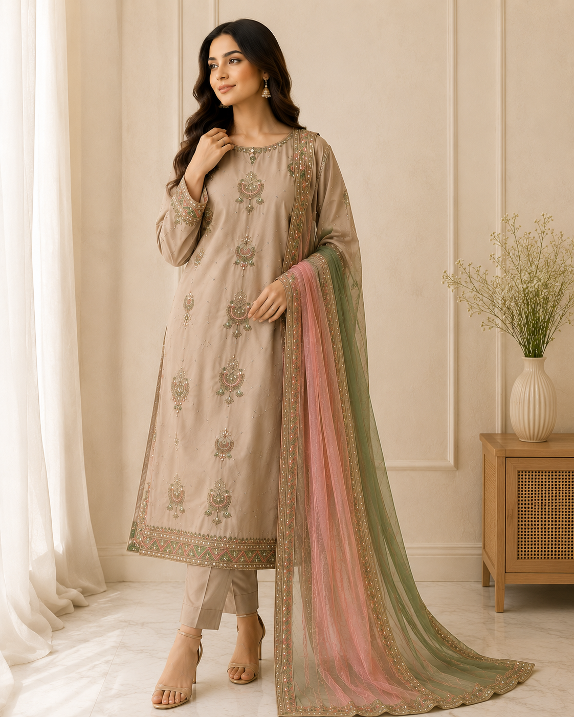 Champagne Beige Embroidered Suit