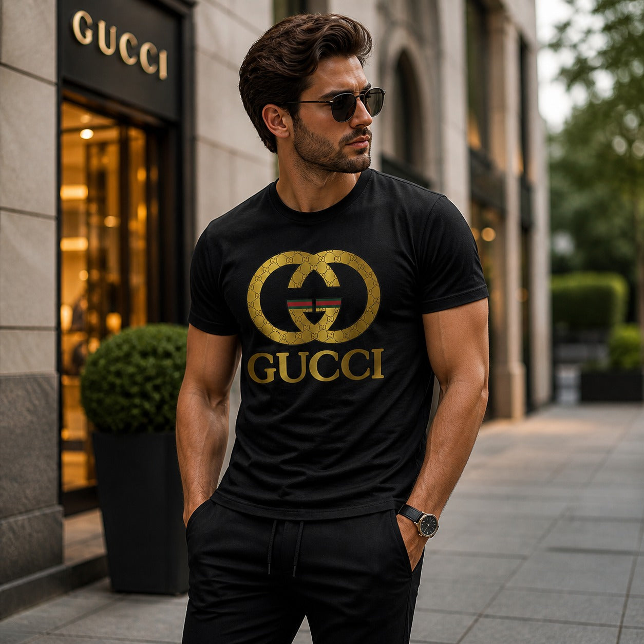 Gucci Luxury Gold Logo Black T-Shirt