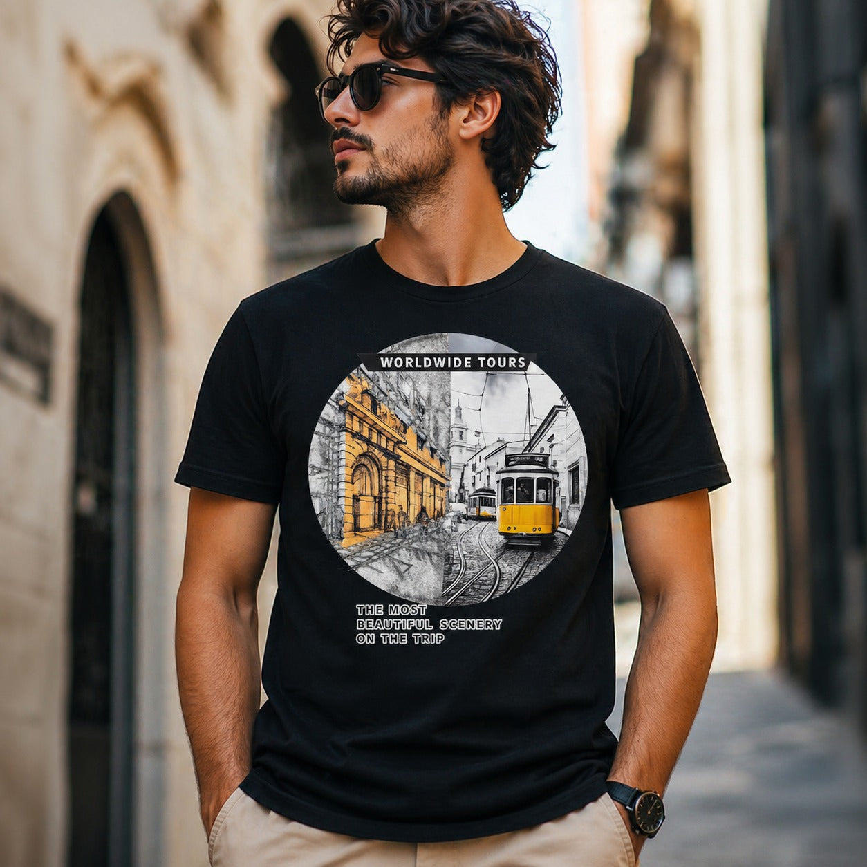 Worldwide Tours Black Scenic Tram Graphic T-Shirt