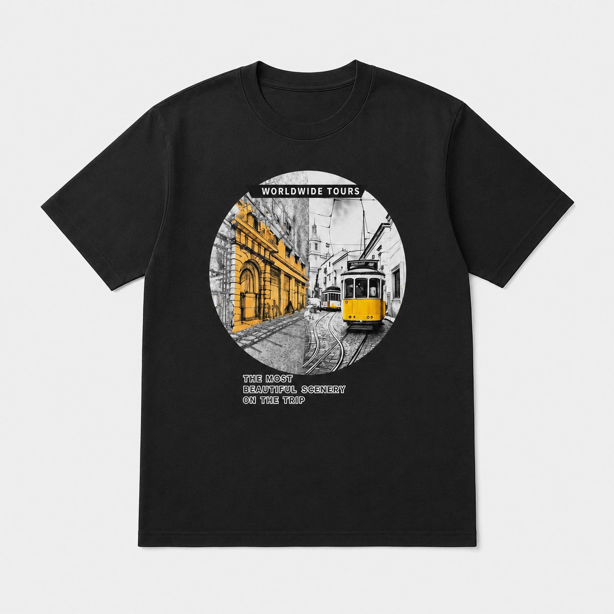 Worldwide Tours Black Scenic Tram Graphic T-Shirt