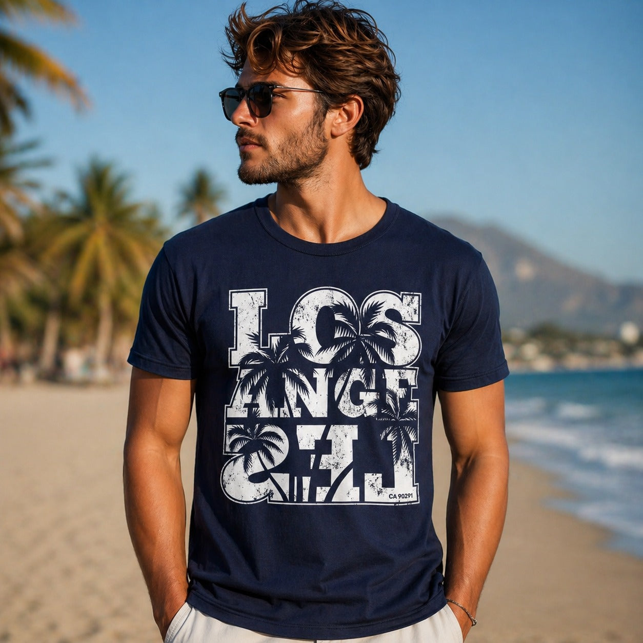 Los Angeles California Palm Tree Graphic Navy Blue T-Shirt