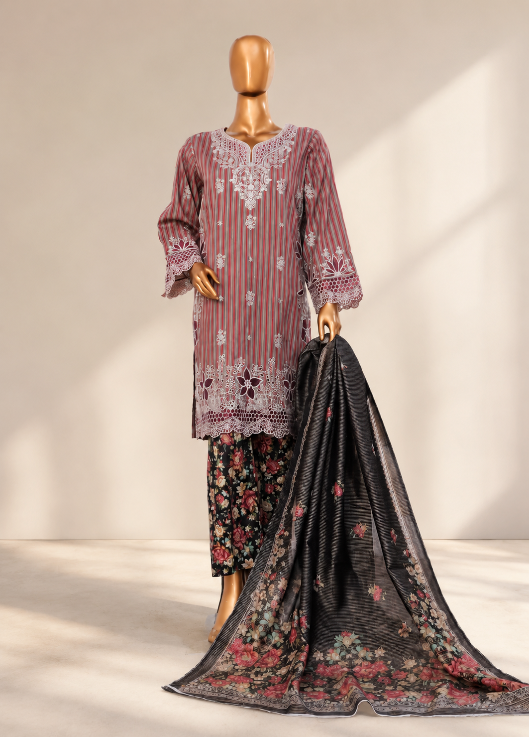 Bin Saeed Elegant Maroon Striped Embroidered 3pc  Lawn stiched Suit with Floral Trousers