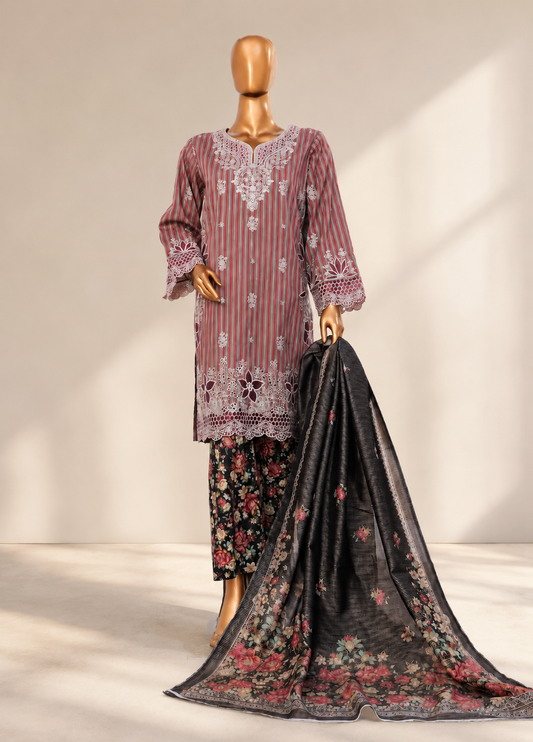 Bin Saeed Elegant Maroon Striped Embroidered 3pc  Lawn stiched Suit with Floral Trousers