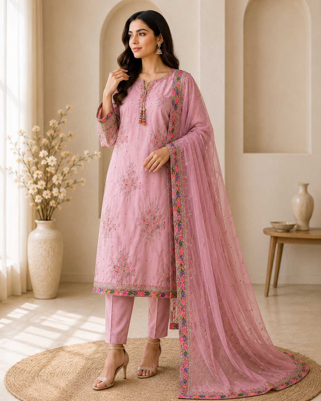 Elegant Blush Pink Embroidered Suit