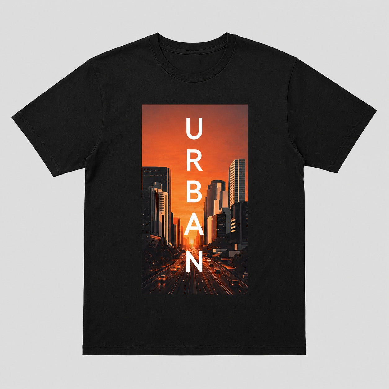 Urban City Sunset Graphic Black T-Shirt
