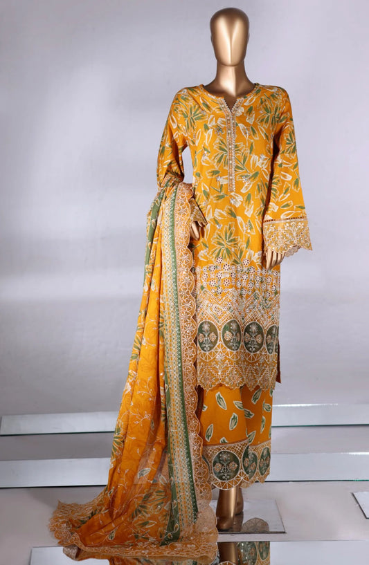 Bin saeed 3pc Mustard Yellow Floral Embroidered  stiched Lawn Suit with Printed Dupatta and Trouser