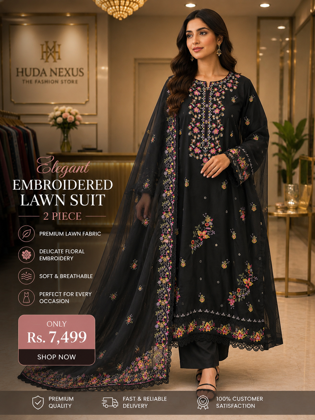 Elegant Black Floral Embroidered 3 Piece Lawn Suit for Women | Premium Pakistani Dress
