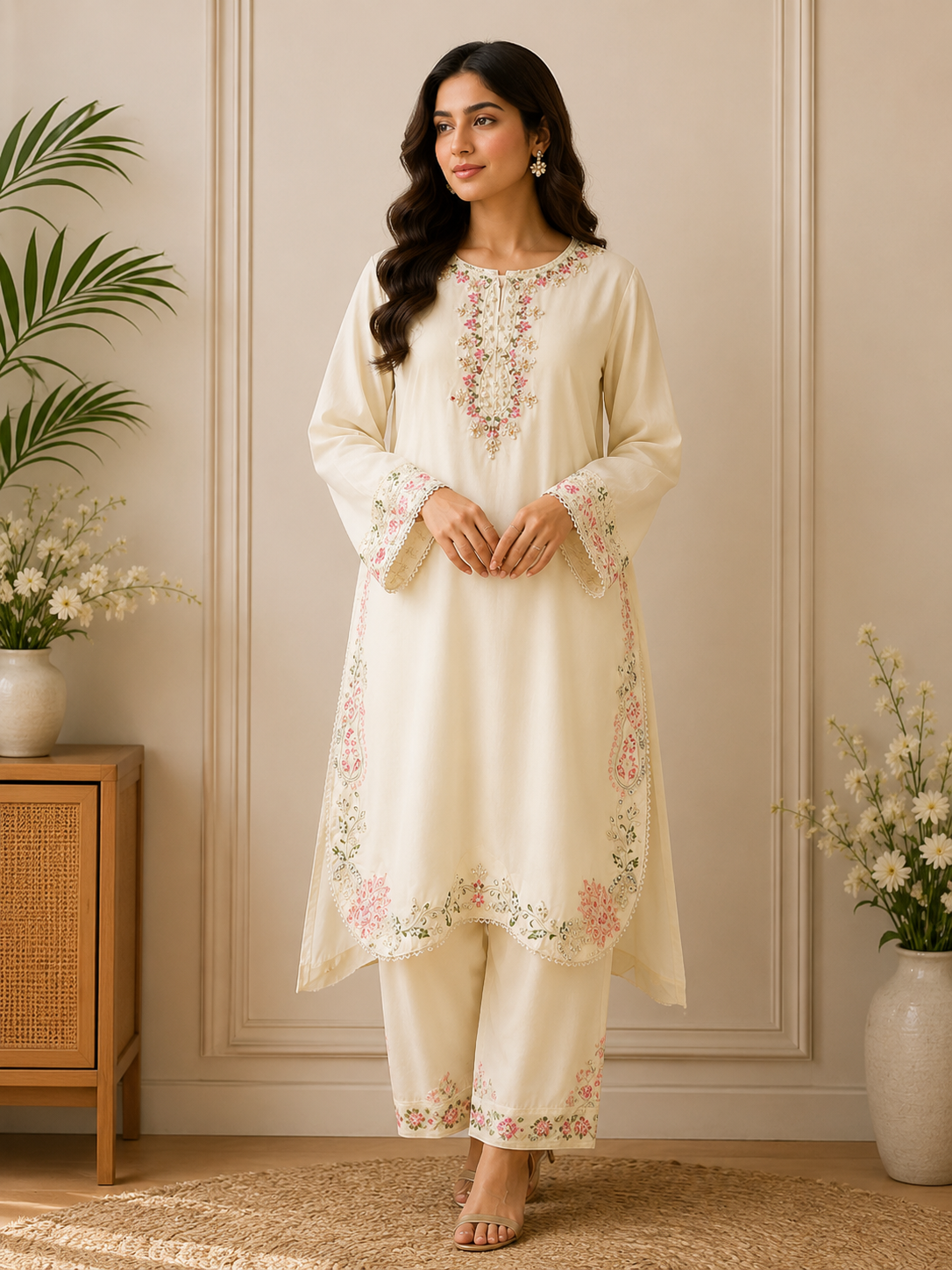 Elegant Ivory Floral Embroidered 3 Piece Lawn Suit for Women | Premium Pakistani Dress