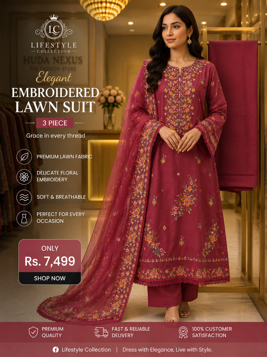 Luxury Maroon Embroidered 3 Piece Lawn Suit for Women | Premium Pakistani Dress