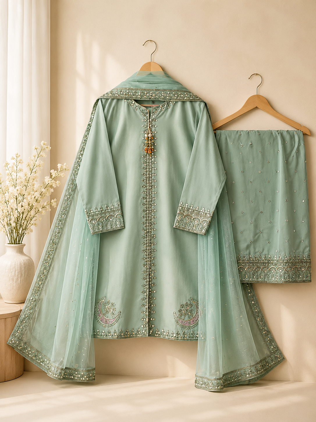 Mint Green Embroidered Lawn Suit with Dupatta for Women