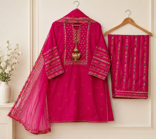 Hot Pink Embroidered Lawn Suit with Dupatta for Women