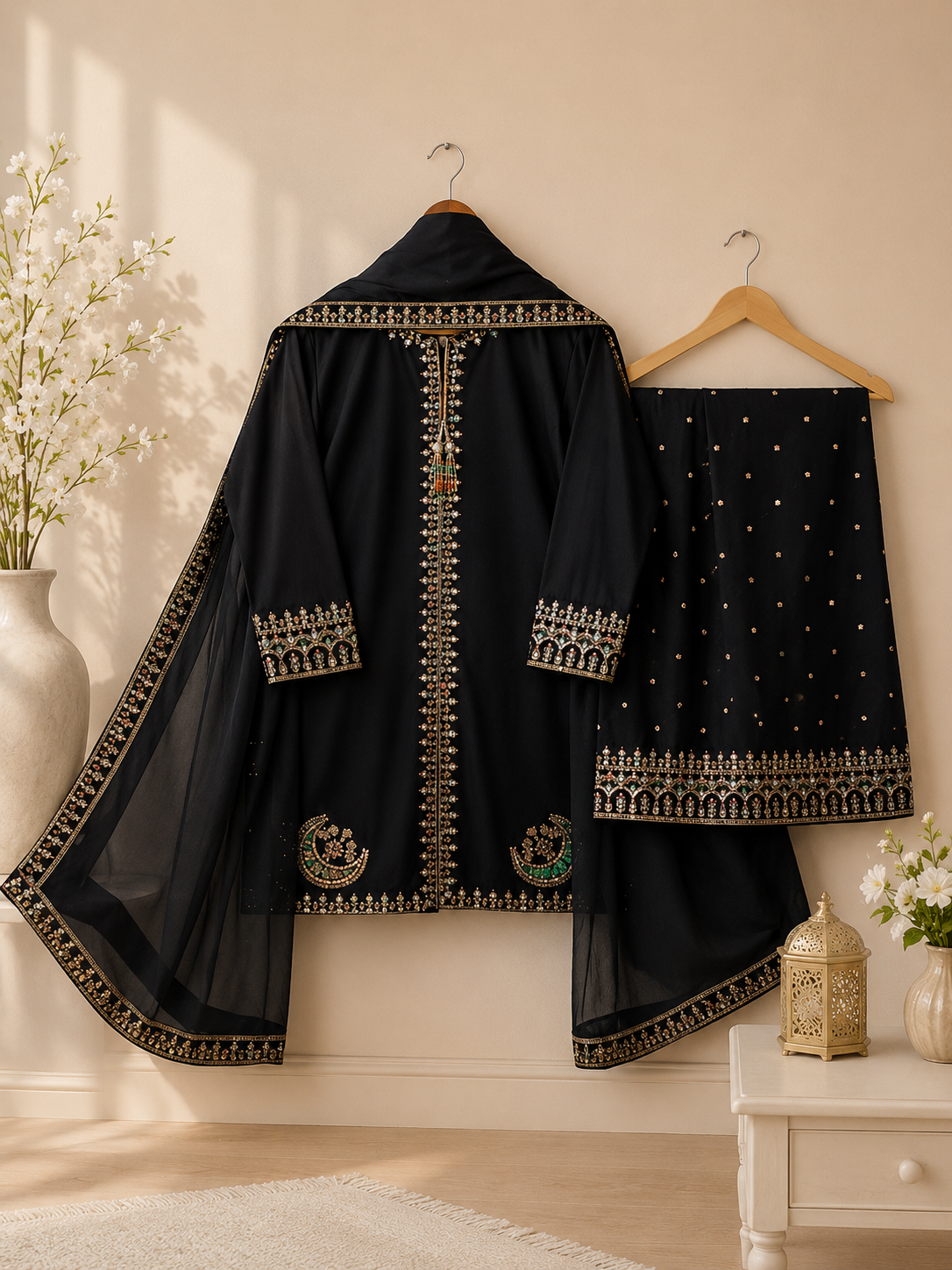 Elegant Black Embroidered Lawn Suit with Dupatta – Women's Dress