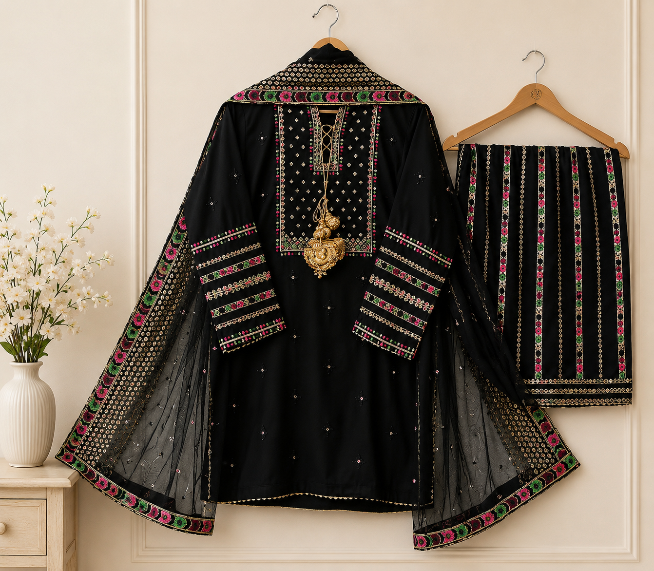 Black Embroidered Lawn Suit with Dupatta for Women