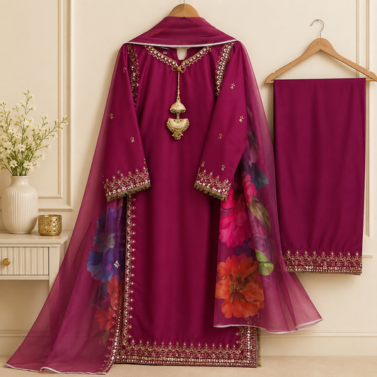 Magenta Embroidered Lawn Suit with Printed Dupatta for Women