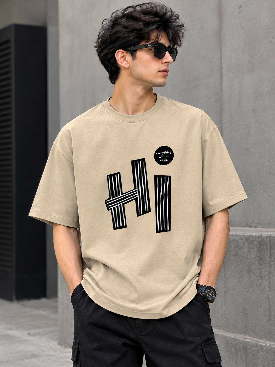 HI Graphic Oversized Beige T-Shirt – Streetwear Tee