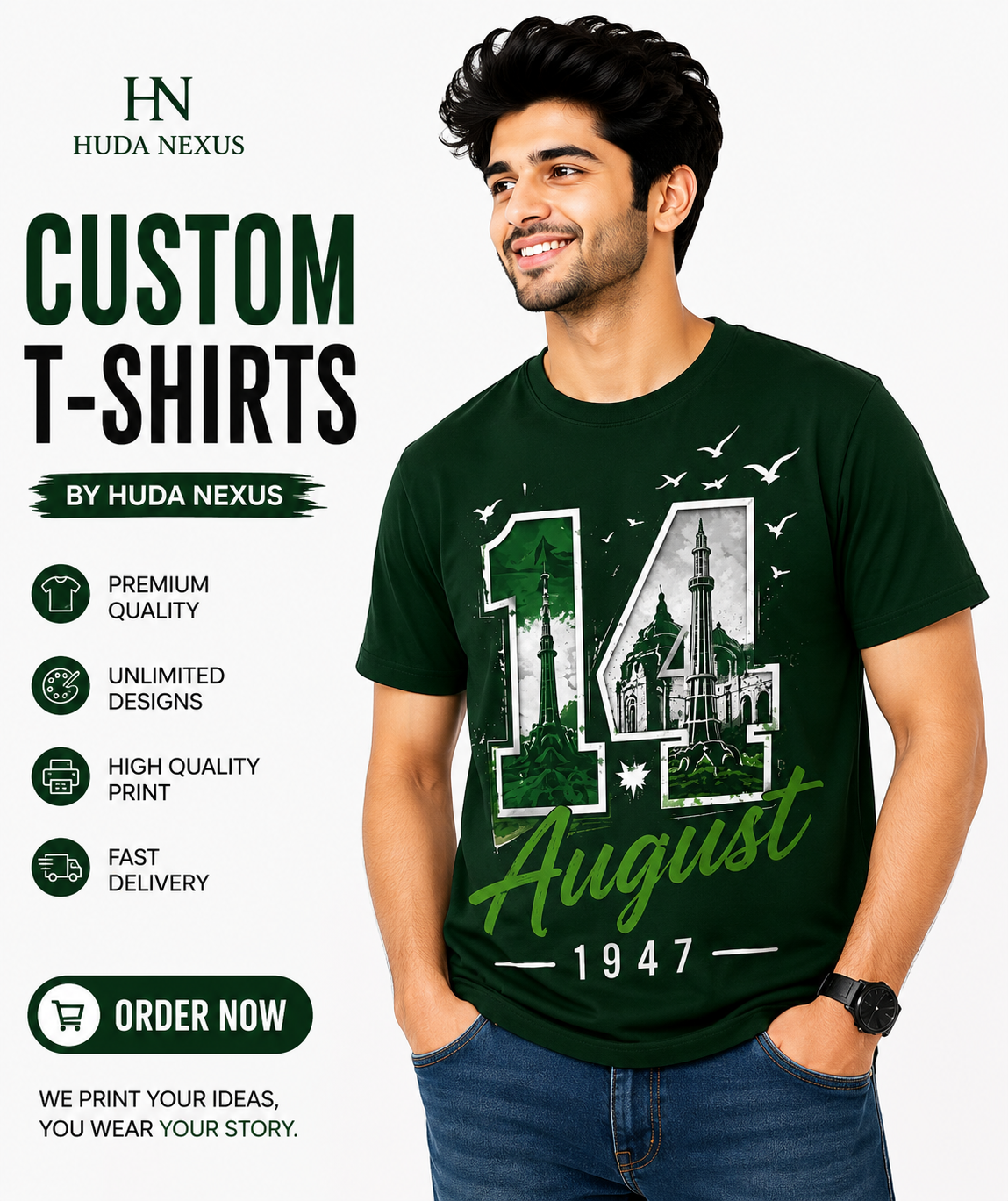 14 August Pakistan Independence Day Graphic T-Shirt | Green Cotton Tee
