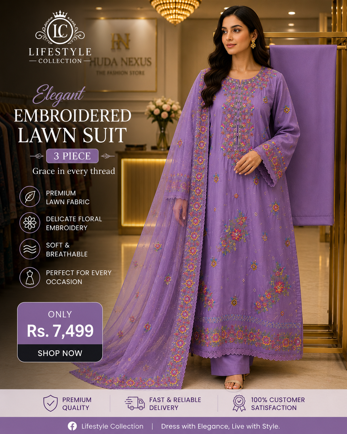 Luxury Lavender Embroidered 3 Piece Lawn Suit for Women | Premium Pakistani Dress