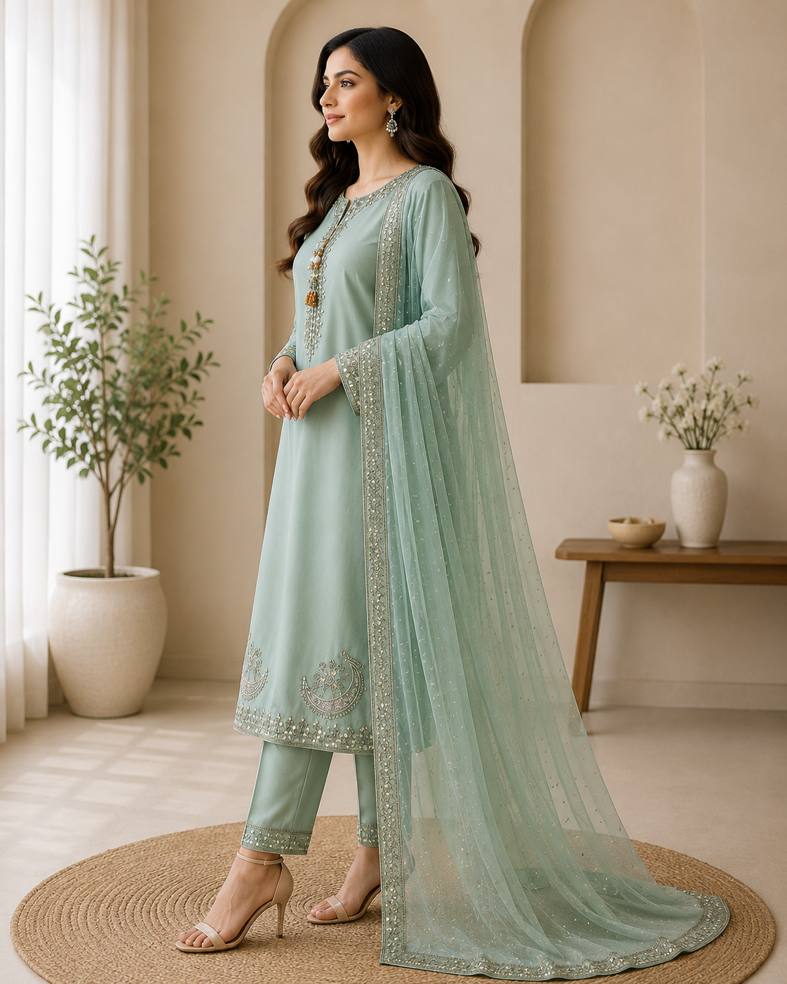 Mint Green Embroidered Lawn Suit with Dupatta for Women