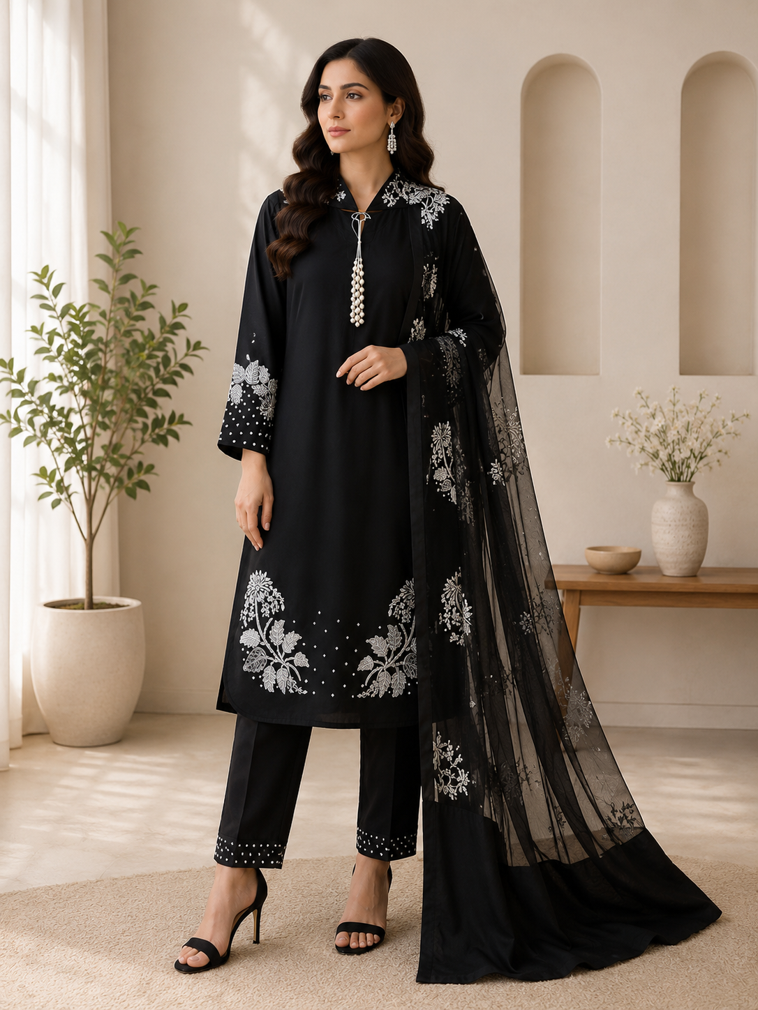 Black Embroidered Lawn Suit with White Embroidery & Dupatta