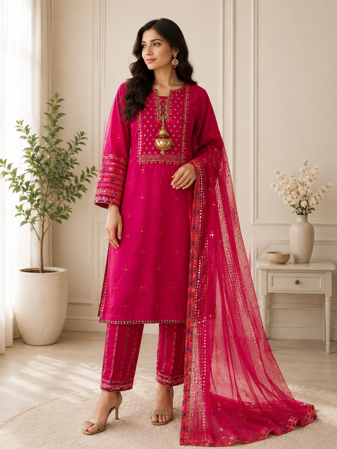 Hot Pink Embroidered Lawn Suit with Dupatta for Women