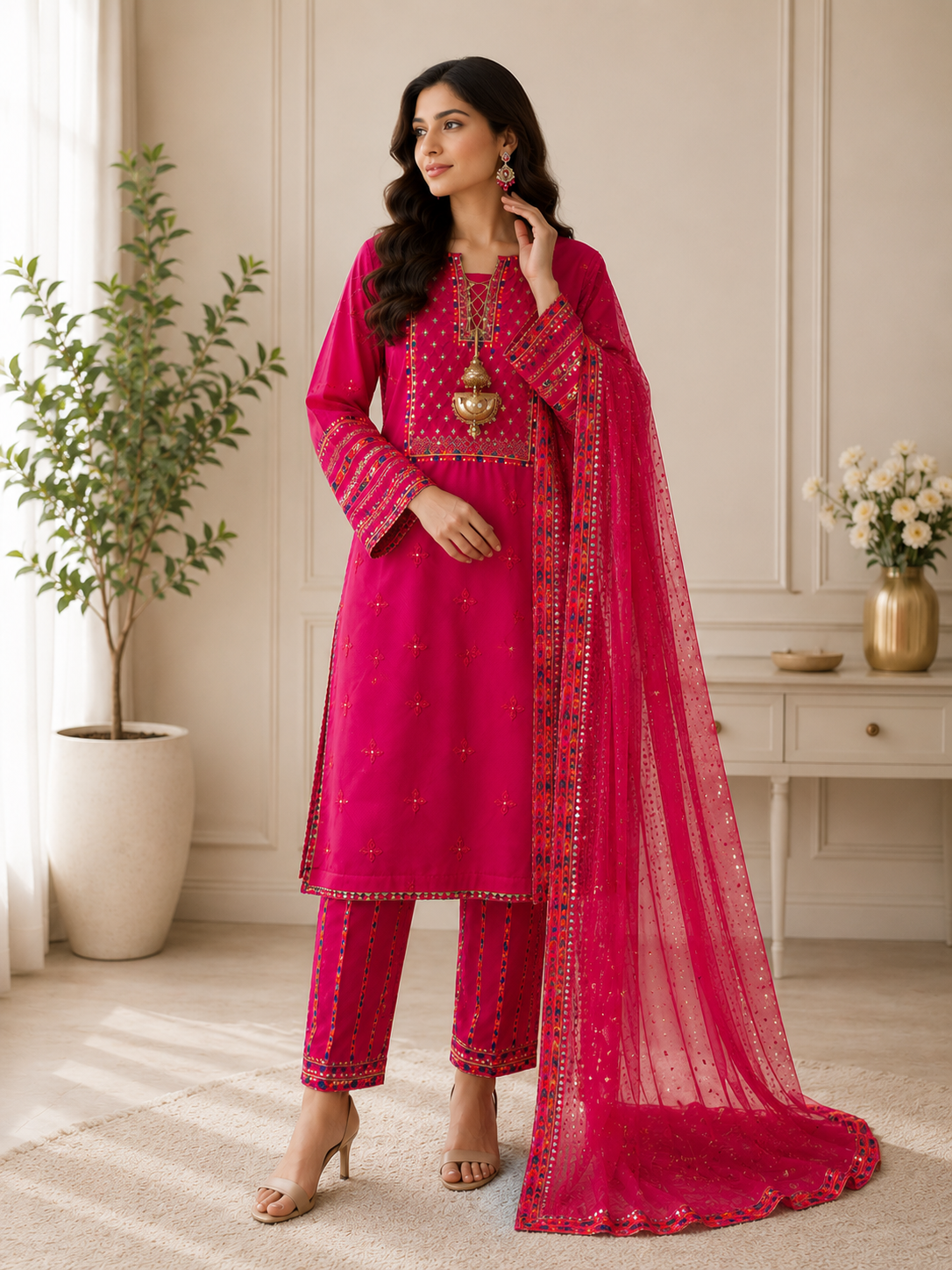 Hot Pink Embroidered Lawn Suit with Dupatta for Women