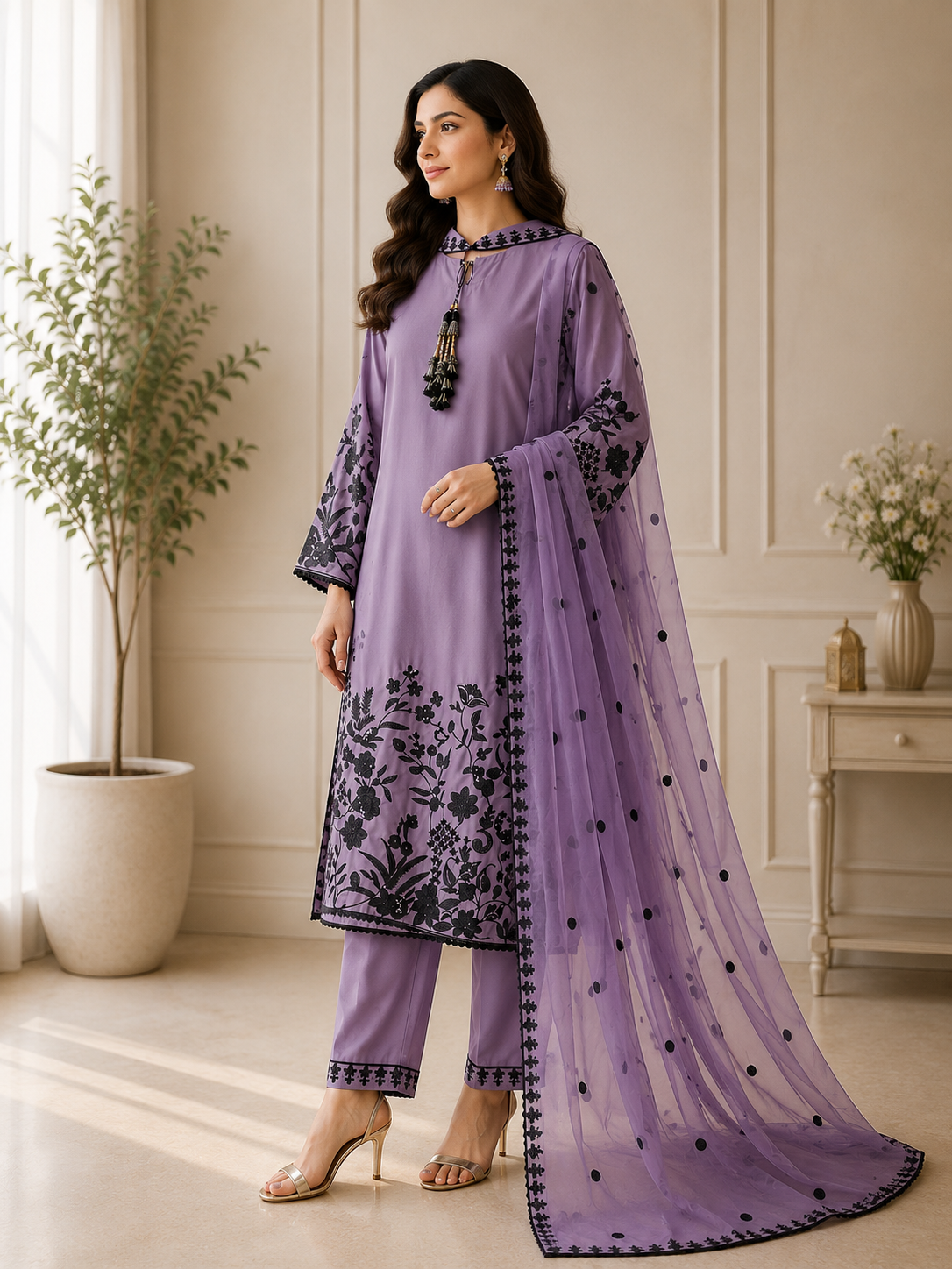 Lavender Embroidered Lawn Suit with Dupatta – Women's Dress