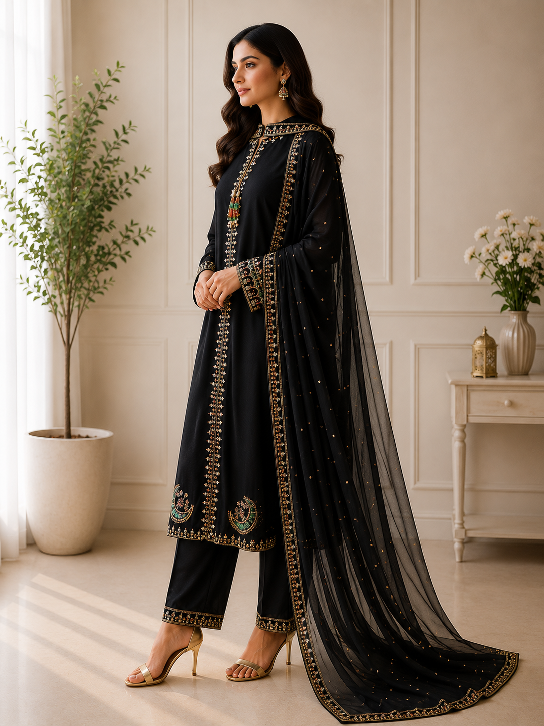 Elegant Black Embroidered Lawn Suit with Dupatta – Women's Dress