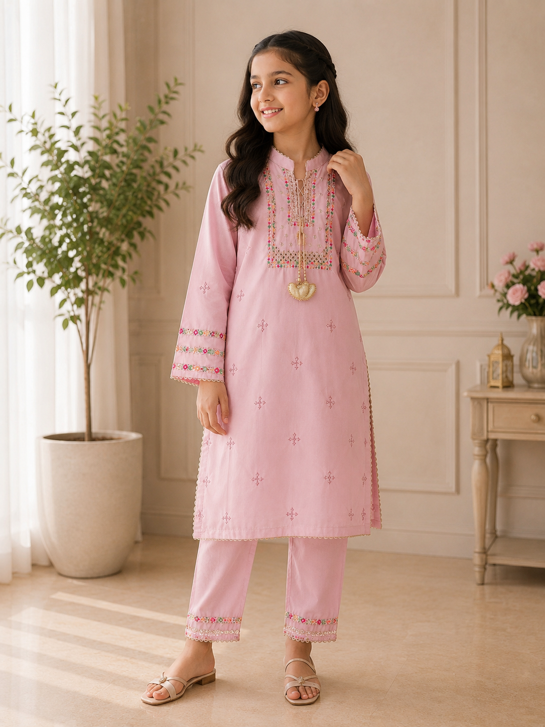 Soft Pink Embroidered 2 Piece Suit