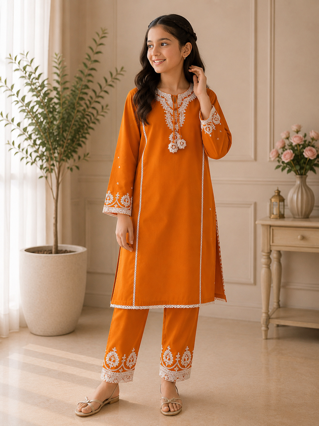 Mustard Orange Embroidered 2 Piece Suit