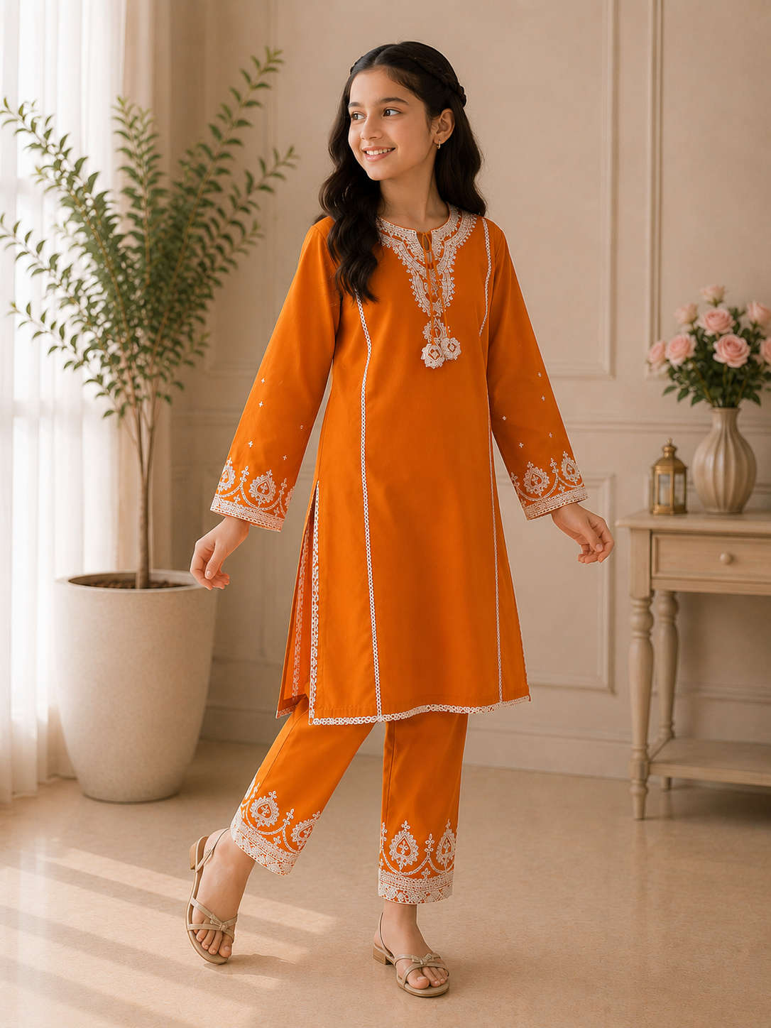 Mustard Orange Embroidered 2 Piece Suit