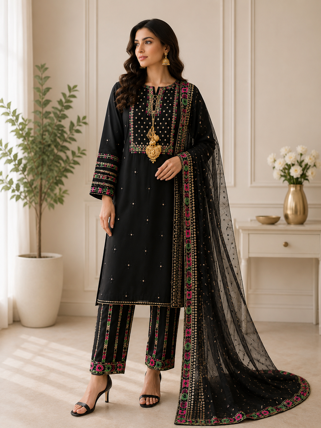 Black Embroidered Lawn Suit with Dupatta for Women