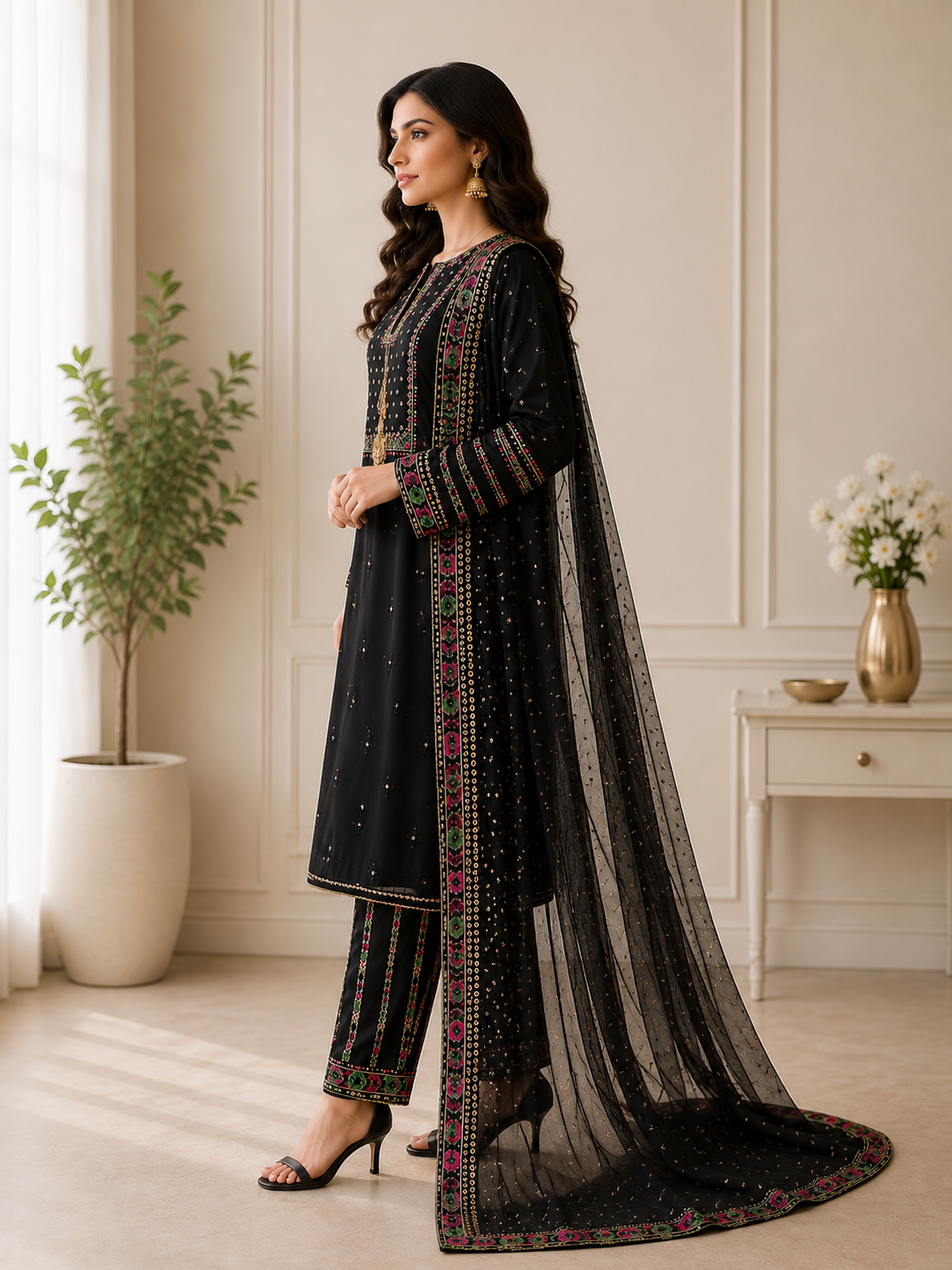 Black Embroidered Lawn Suit with Dupatta for Women