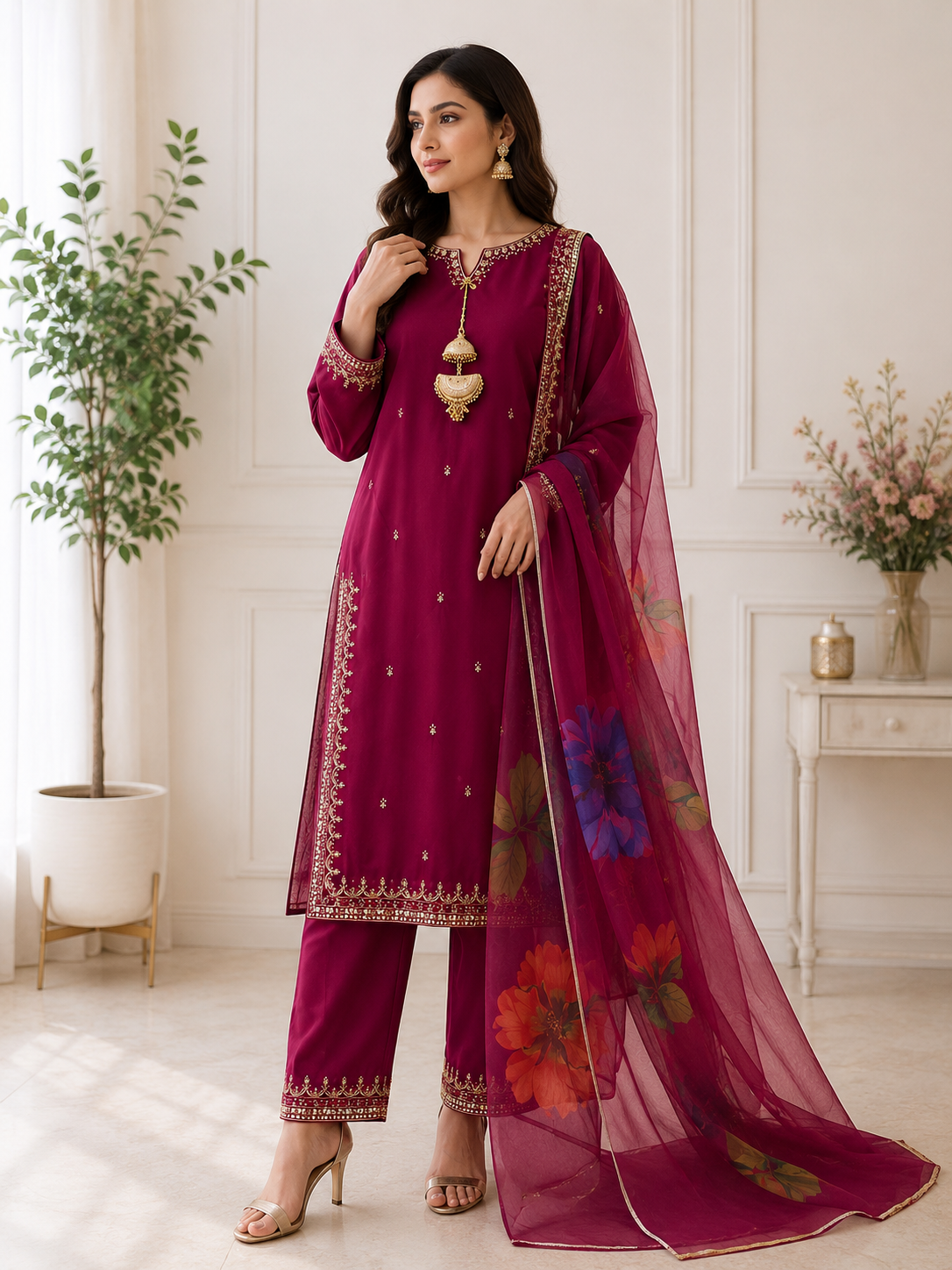 Magenta Embroidered Lawn Suit with Printed Dupatta for Women