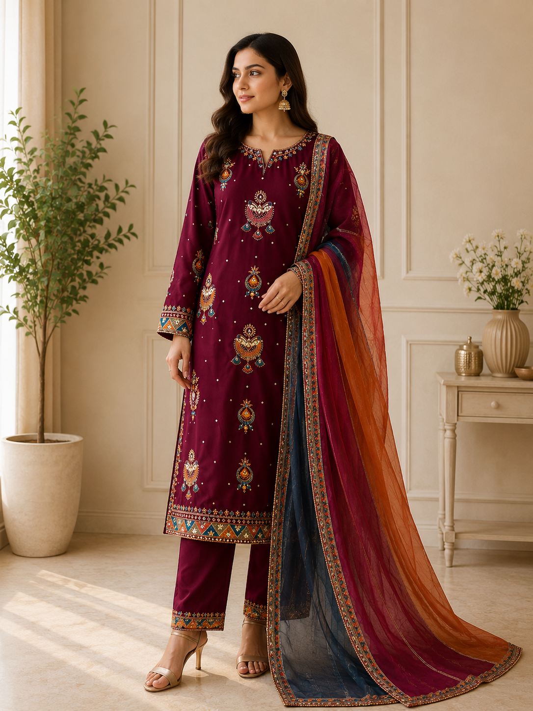Maroon Embroidered Lawn Suit with Dupatta for Women