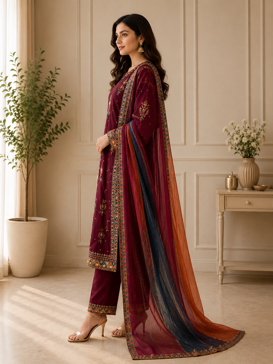 Maroon Embroidered Lawn Suit with Dupatta for Women