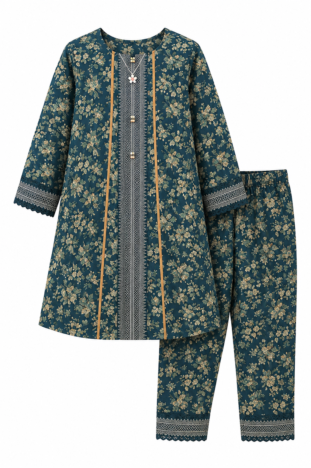 Elegant Teal Floral Printed Kids 2 Piece Suit