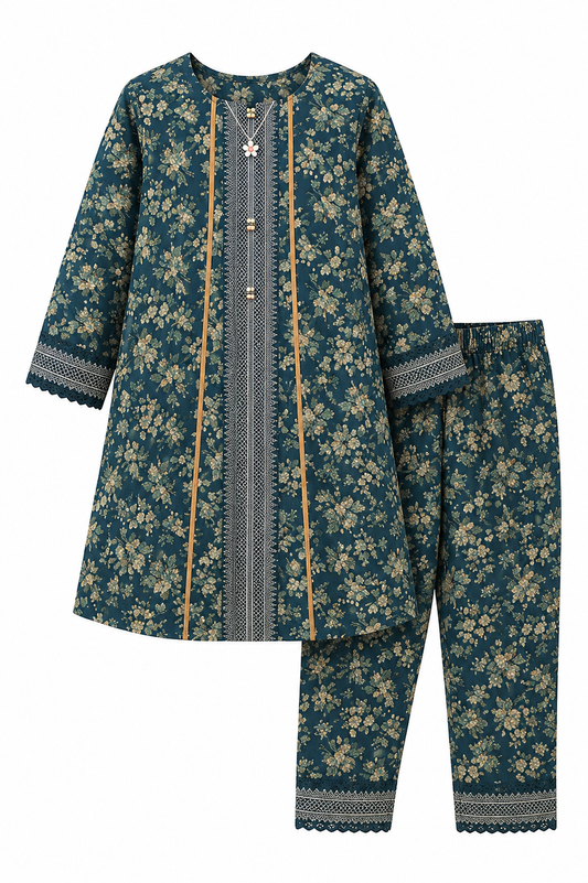 Elegant Teal Floral Printed Kids 2 Piece Suit