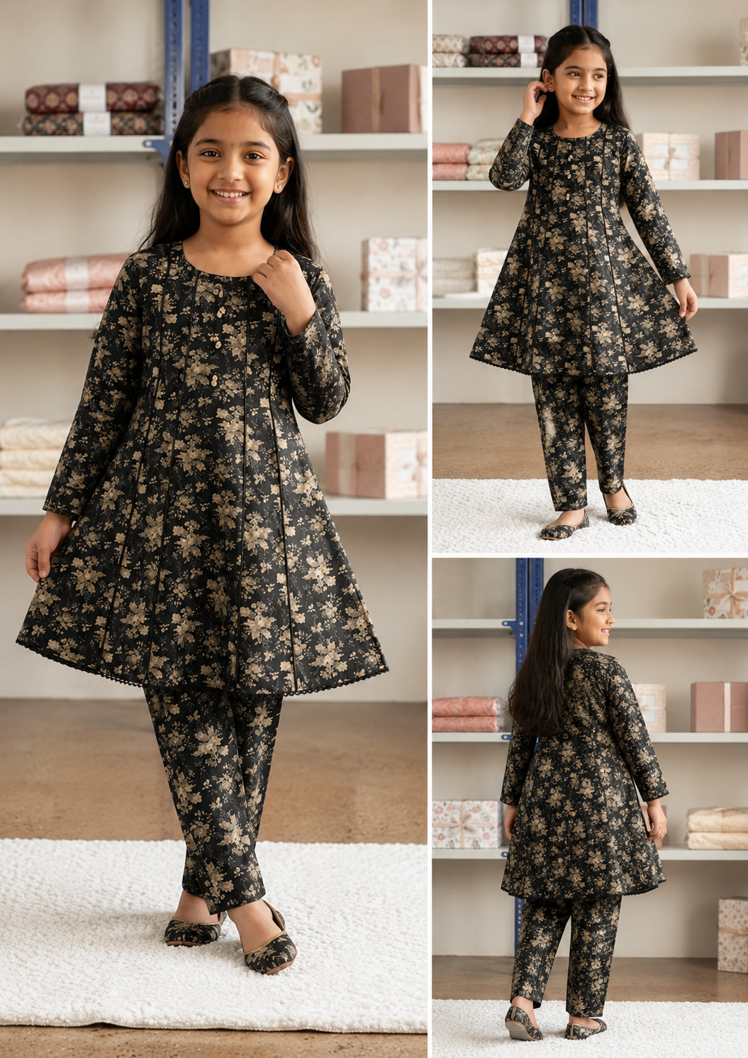 Elegant Black Floral Kids 2 Piece Suit
