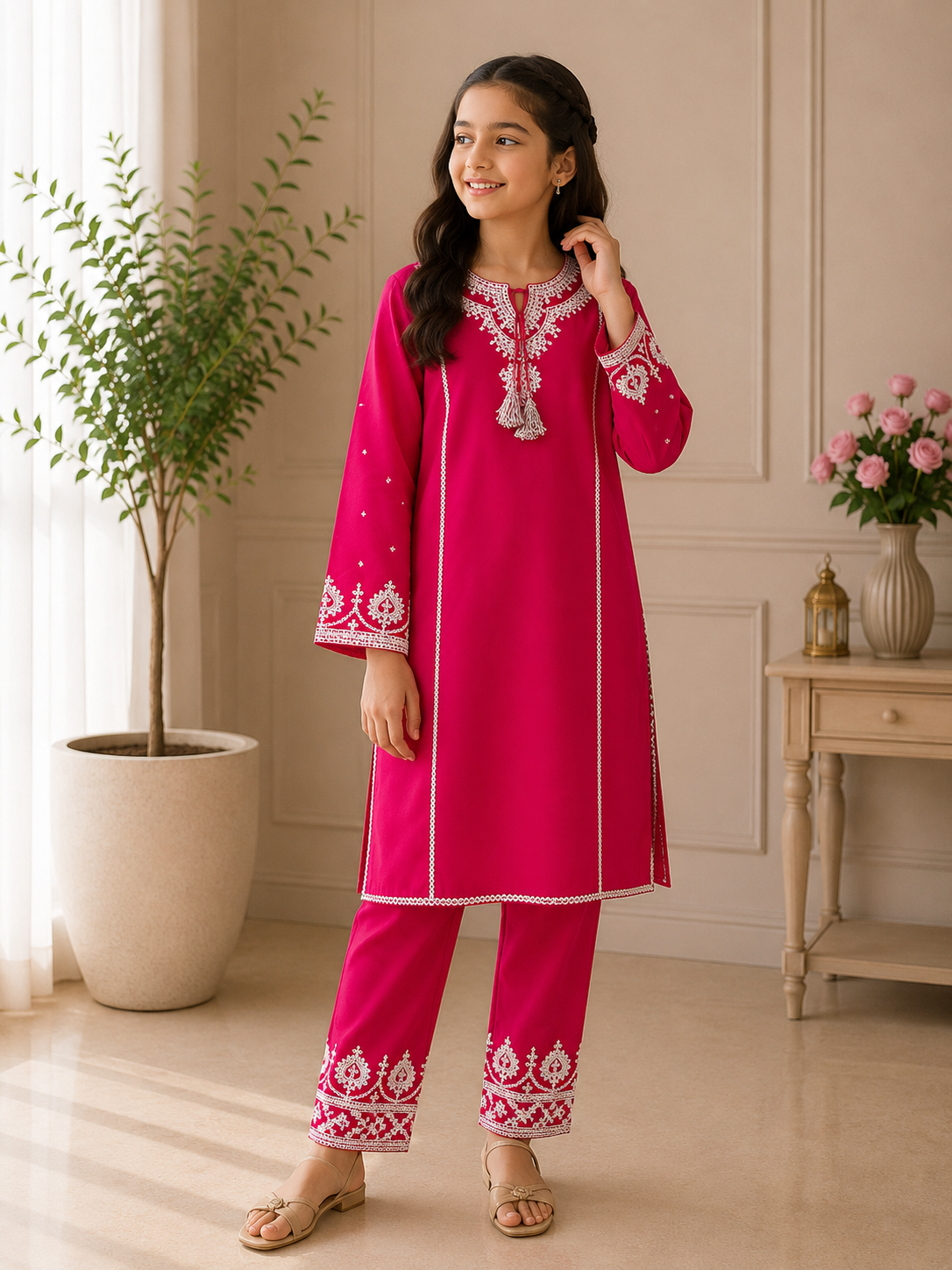 Hot Pink Embroidered 2 Piece Suit