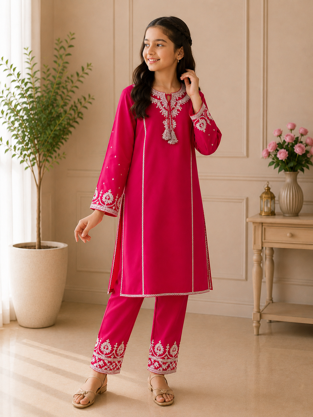 Hot Pink Embroidered 2 Piece Suit